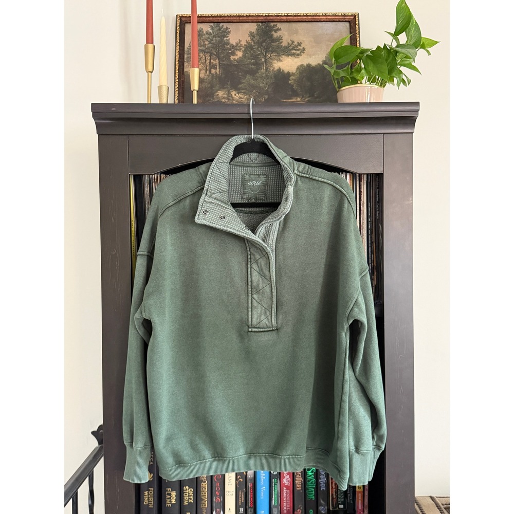 Aerie Sweatshirt Small Green Snap Neck Waffle Trim Pullover Oversized Loungewear